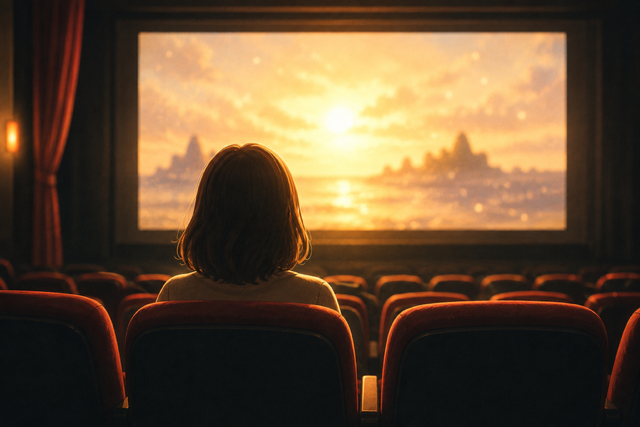 映画館のスクリーンを見つめる
